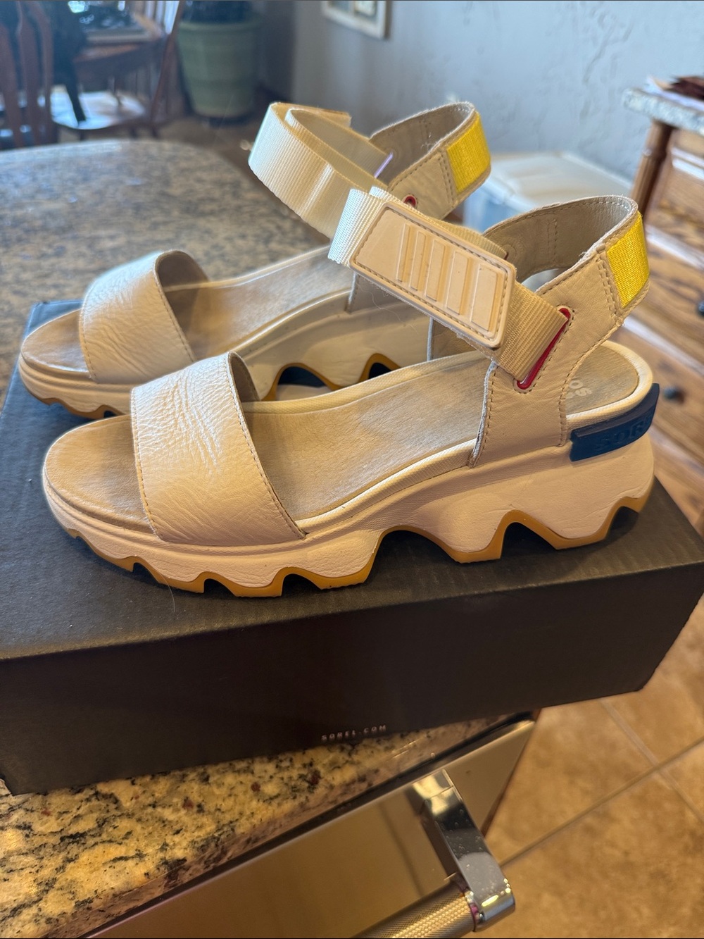 Sorel White Chunky Platform Sandals with Yellow Accent